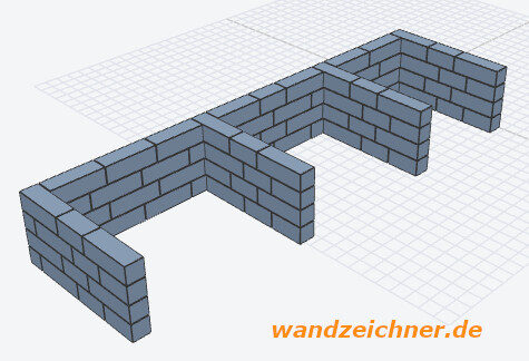 Wandzeichner-Ansicht einer Betonblocksteinwand mit Ecken und Rücksprüngen auf einem Raster